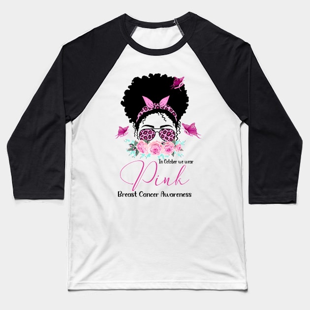 Pink Ribbon Breast Cancer Awareness Messy Bun Black Women Baseball T-Shirt by Gendon Design